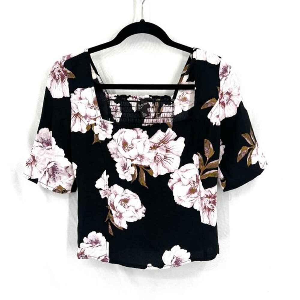 NEW free press smocked back‎ square neck purple floral dropped blouse top M